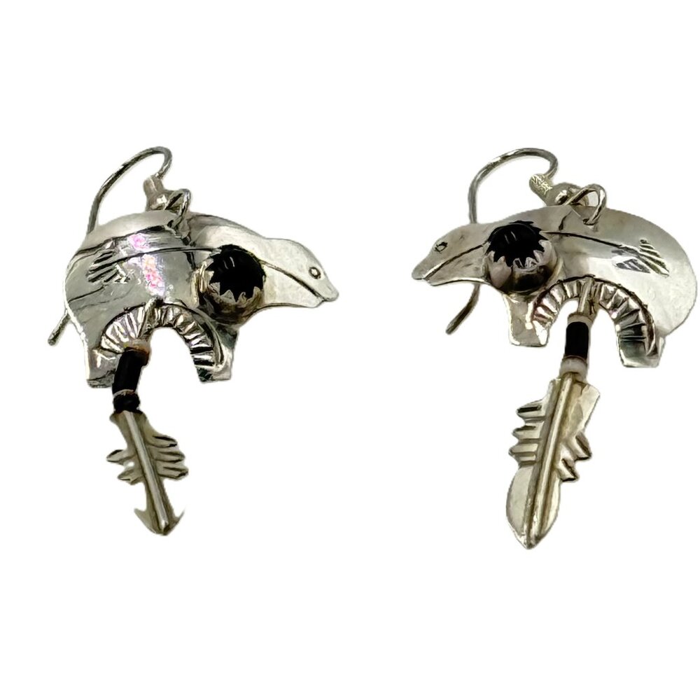 Navajo Signed Sterling Silver Black Onyx Spirit Bear Dangle Earrings | Nel J.